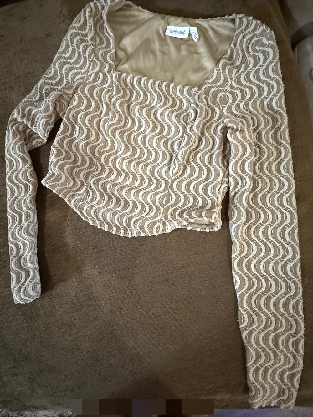Willow+Root Textured Embroidered Crop Top Natural Beige Long Sleeve Cottagecore